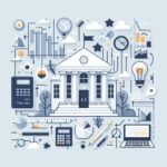 A vector illustration showing a Public Building and various icons representing learning, innovation, etc. Visual for a course of study at the institute.