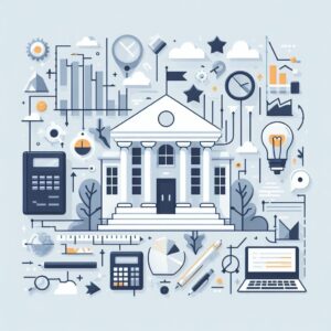 A vector illustration showing a Public Building and various icons representing learning, innovation, etc. Visual for a course of study at the institute.